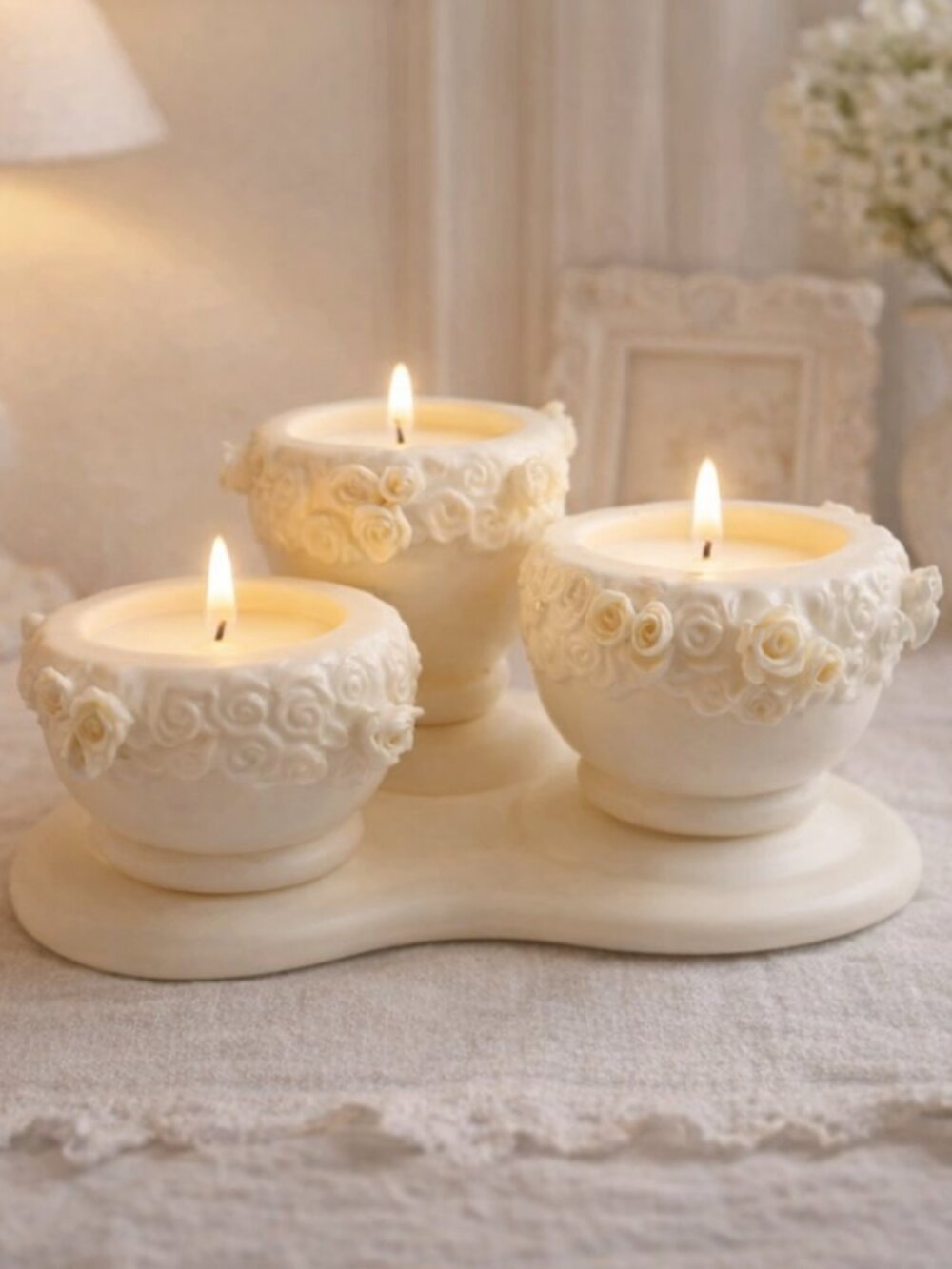 PartyLite Rose Garden Tripple Candle Holder Retired French Country Shabby Chic